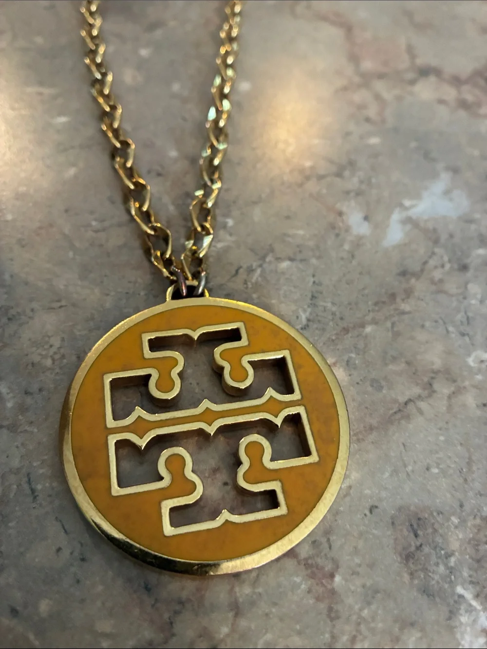 Tory Burch Gold-Tone Pendant Necklace with Yellow Enamel Logo